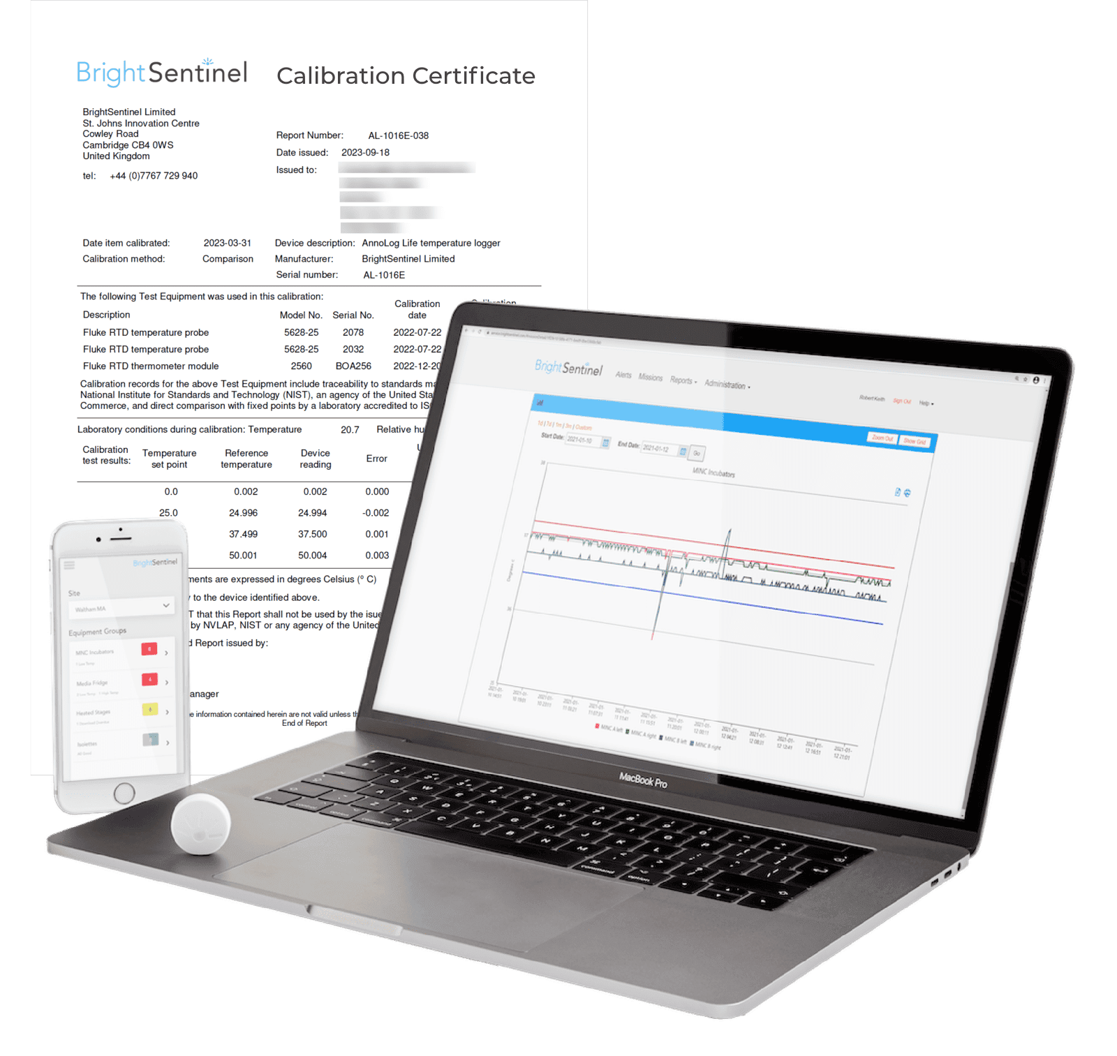 BrightSentinel temperature monitoring device and apps included in the annual subscription