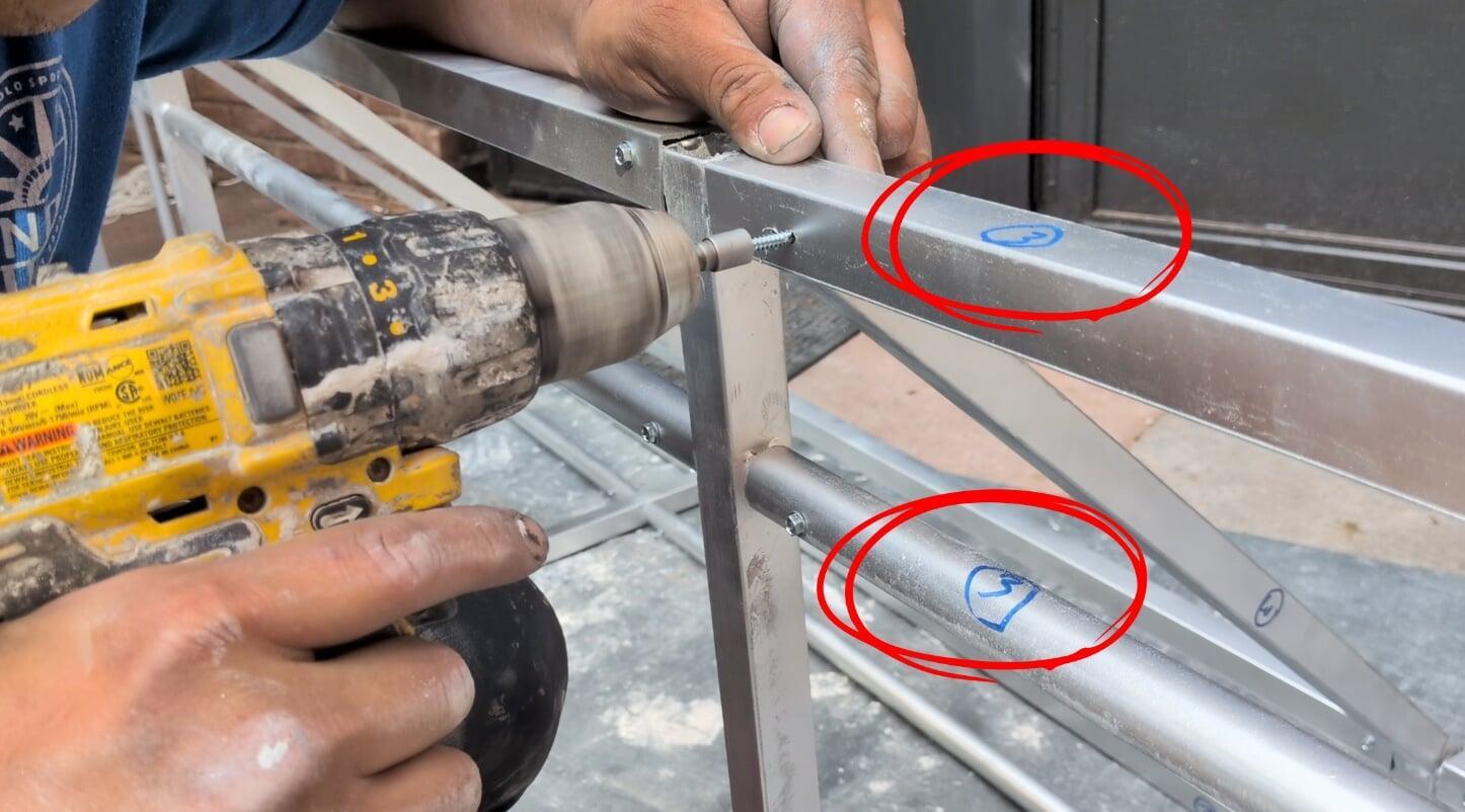 Assemling canopy awning frame with self drilling screws