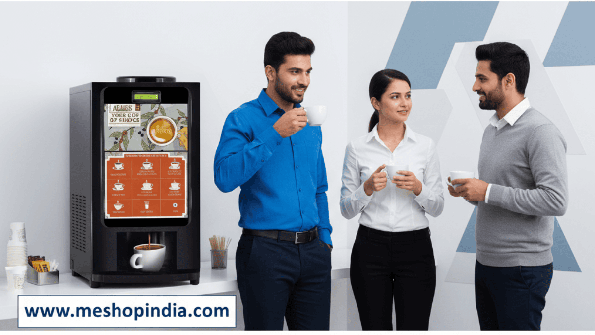 An employee smiling while selecting a coffee from a digital beverage machine.
