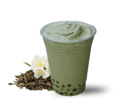 green jasmine boba tea drink over ice