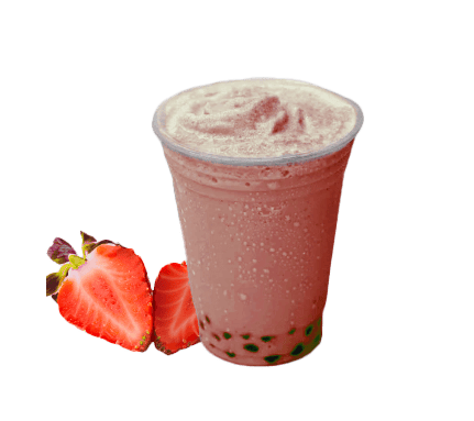 Strawberry Boba Tea served blended or over ice with optional boba toppings