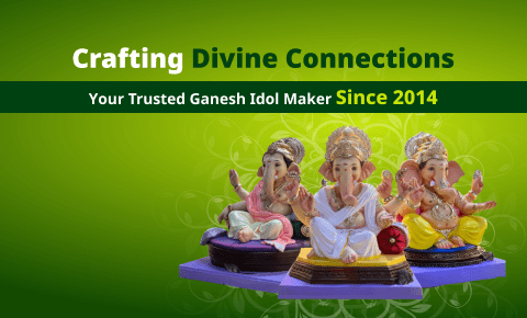 "An elegant display of intricately crafted Ganesh idols,
beautifully arranged to highlight their divine presence. The tagline
'Crafting Divine Connections &amp; Your Trusted Ganesh Idol Provider
Since 2014' reinforces trust and devotion, reflecting the brand's
commitment to quality and tradition."