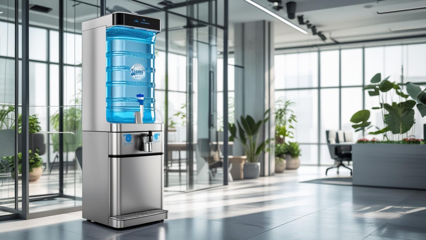  professional in a modern Gurugram office using a Blue Star RO water cooler dispenser for pure, filtered water.
