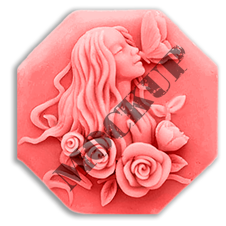 Mockup of a lotion bar with a side-view of a woman's face surrounded by roses at the bottom.