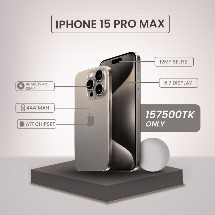iPhone 15 Pro Max plateado en venta en Pereira, Colombia. Especificaciones: triple cámara de 48MP, 12MP y 12MP, batería de 4441mAh, pantalla de 6.7 pulgadas, cámara selfie de 12MP, procesador A17 y precio de 157500 TK