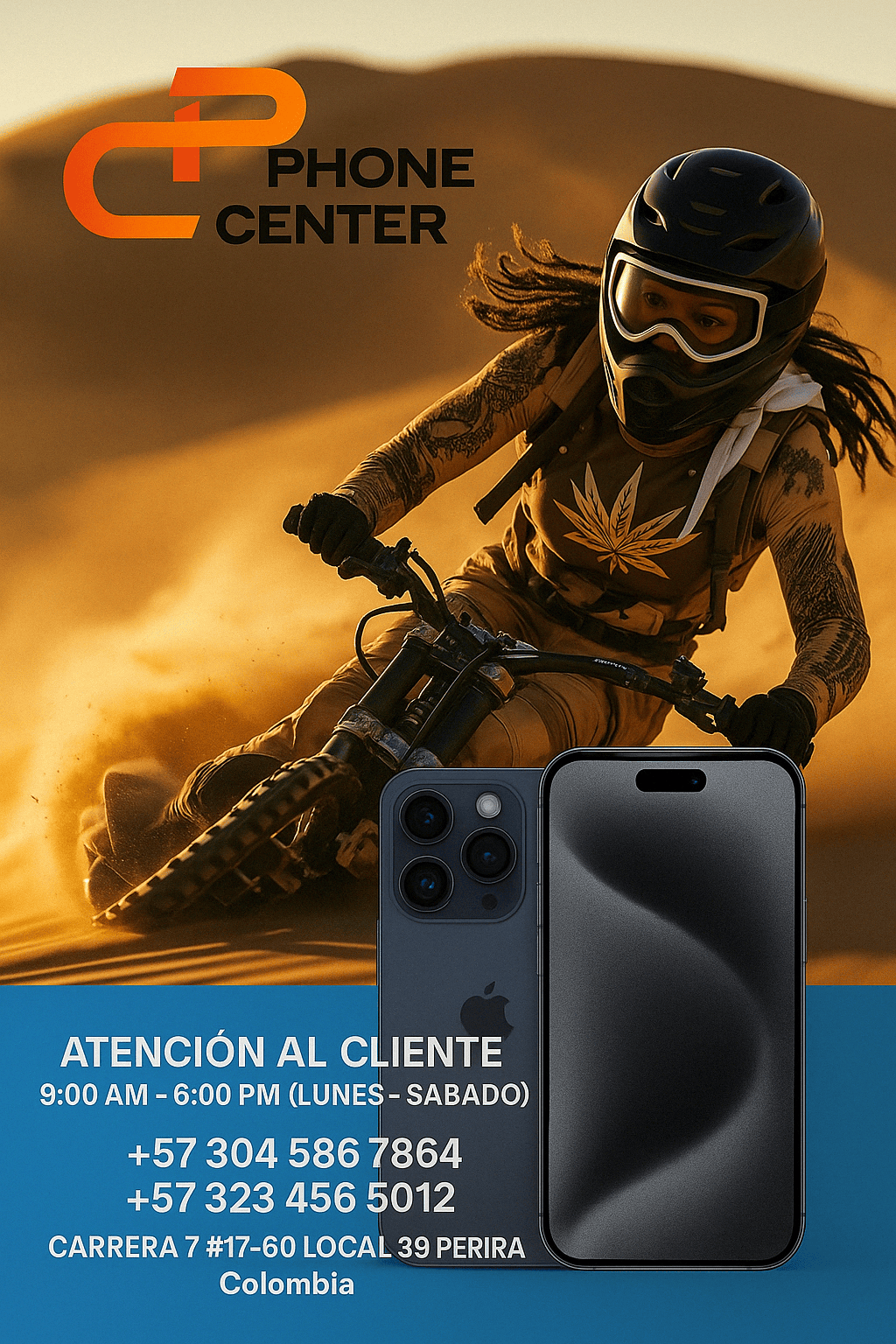 Publicidad de Phone Center Pereira con motociclista en el desierto, teléfonos iPhone, atención al cliente de lunes a sábado de 9:00 AM a 6:00 PM. Teléfonos +57 304 586 7864 y +57 323 456 5012. Dirección: Carrera 7 #17-60 Local 39, Pereira, Colombia.