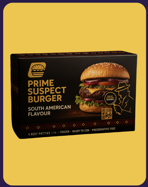 Popular menu item: Crime Burgers – South American flavour, featuring a double cheeseburger with sesame bun, lettuce, tomato, and melted cheese on a yellow background