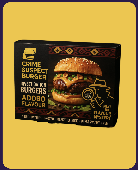 Popular menu item: Investigation Burgers – Adobo flavour, showcasing a cheeseburger with melted cheese and grilled onions on a yellow background
