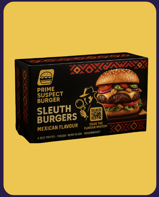 Popular menu item: Sleuth Burgers – Mexican Flavour, featuring a sesame seed bun burger topped with melted cheese, corn, black beans, and fresh lettuce on a yellow background