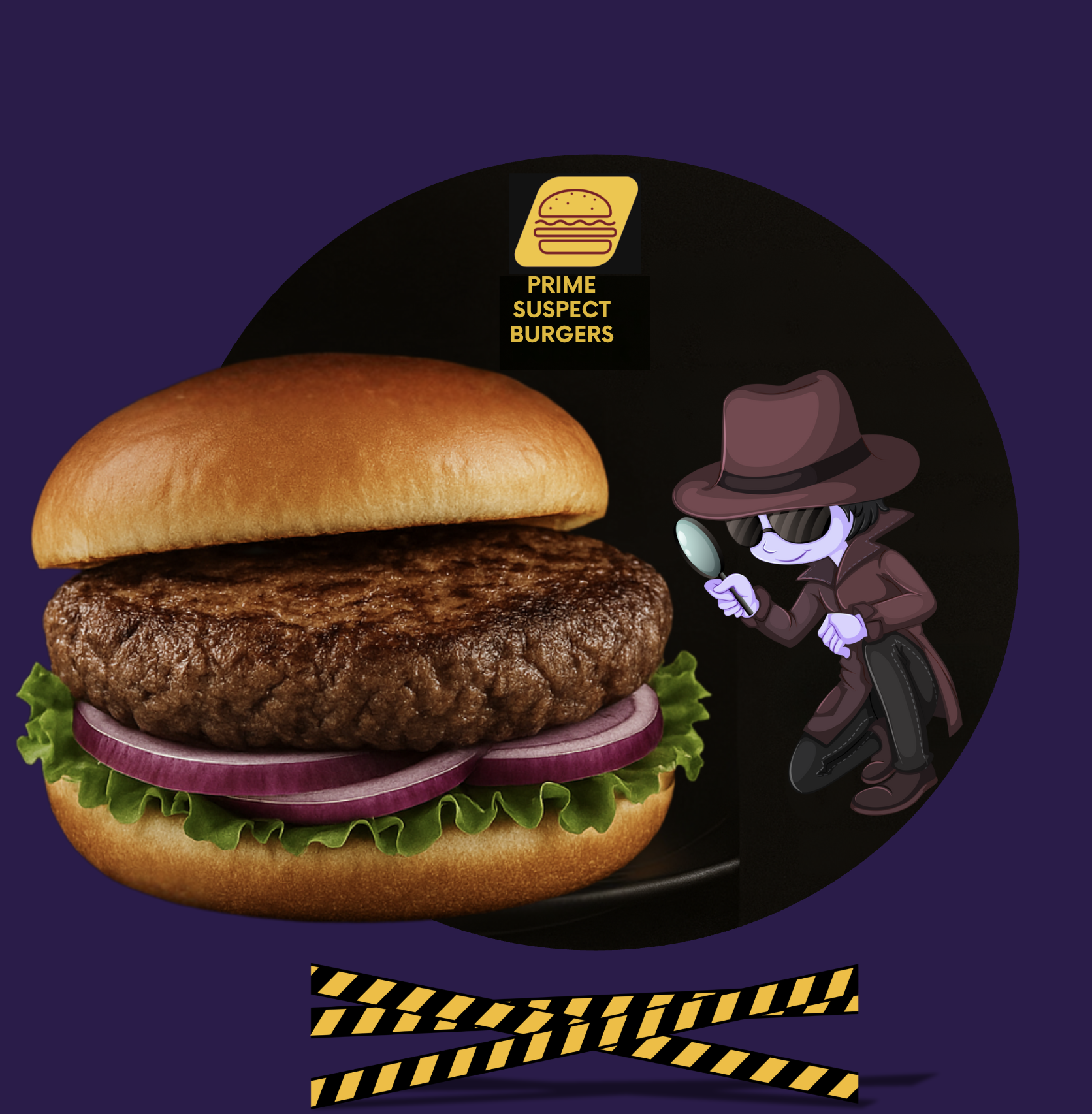 Prime Suspect Burgers website graphic featuring a gourmet beef burger on a brioche bun with crisp lettuce and red onion, alongside a cartoon detective inspecting caution tape on a dark purple background