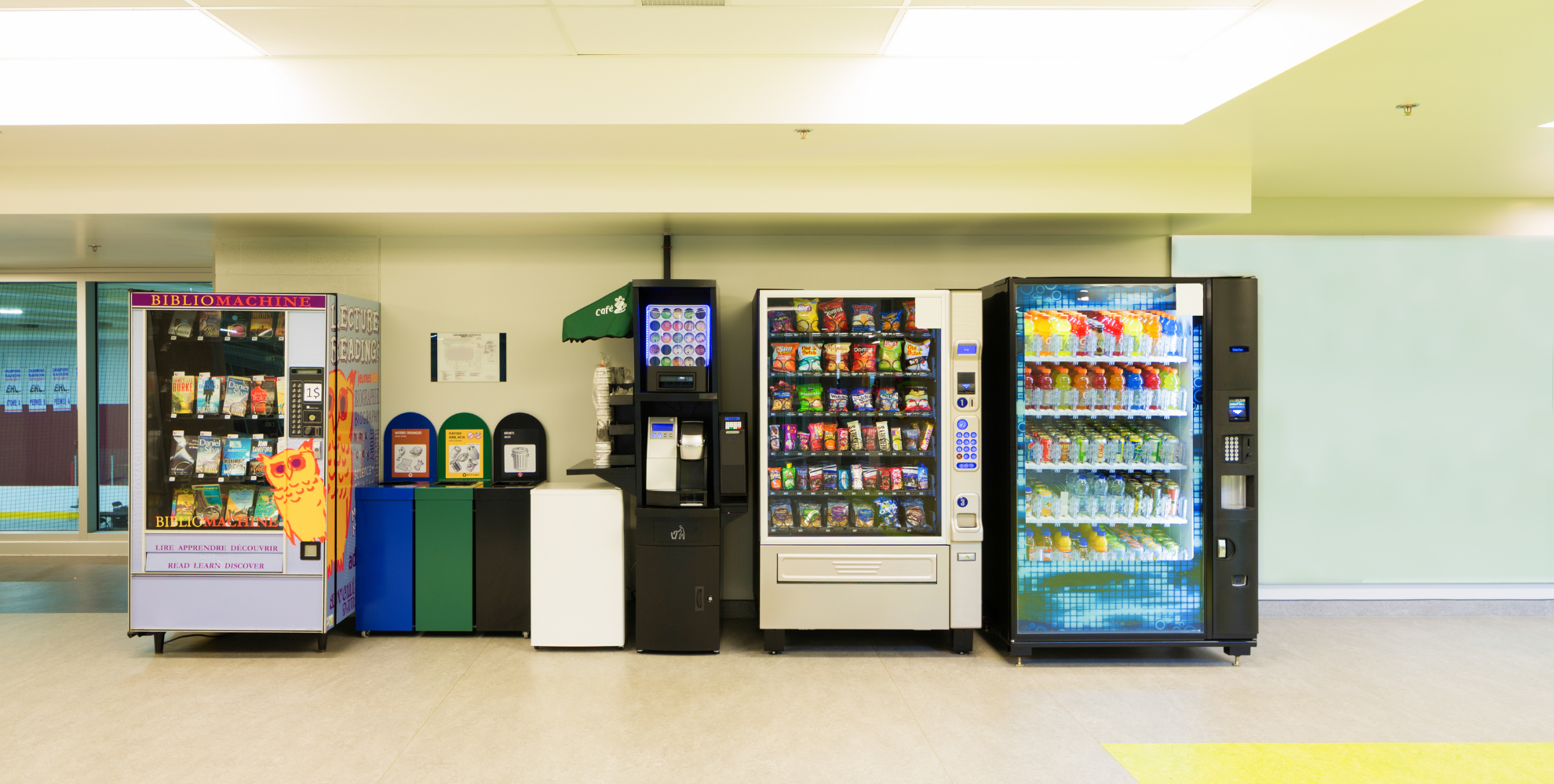 Vending machines for snacks and drinking items. 
