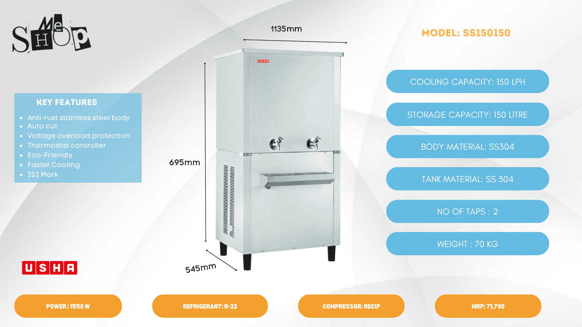 Key features and specification of Usha 150 liter water cooler in gurgaon