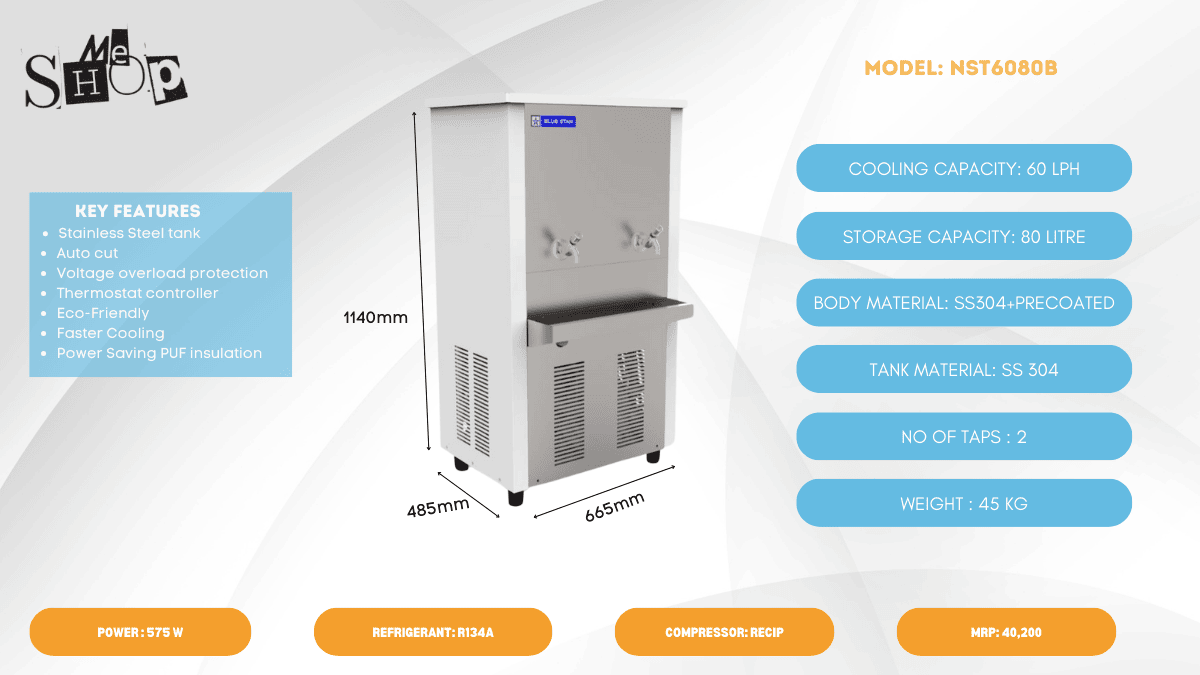blue star nst 6080 water cooler specification and price in Noida.