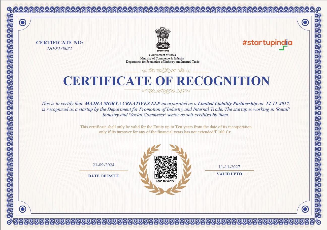 "DPITT recognition from the Government of India – The first and
only startup in the Ganesh idols industry, transforming the shopping
experience with digitalized operations and seamless customer support."