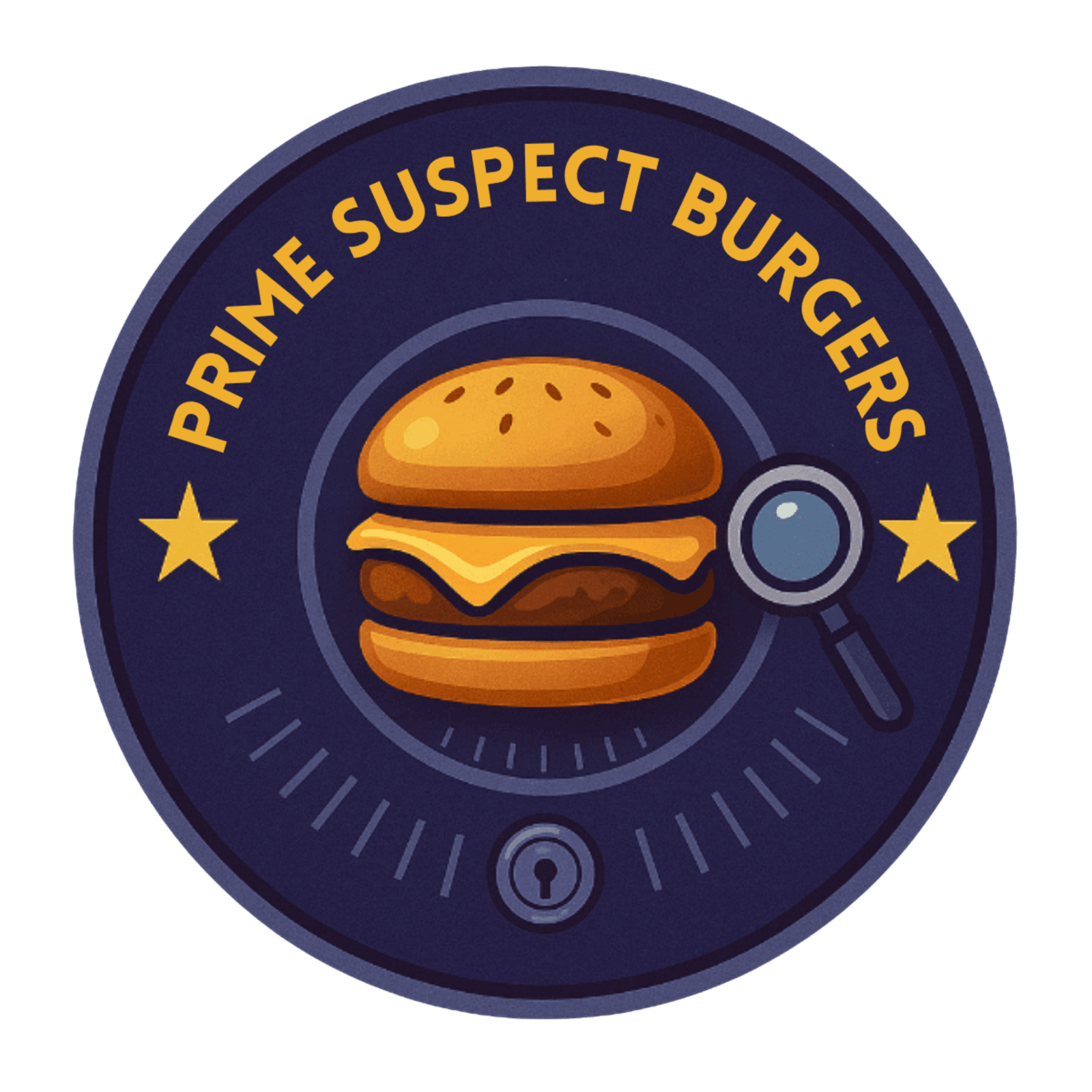 Prime Suspect Burgers website graphic featuring a gourmet beef burger on a brioche bun with crisp lettuce and red onion, alongside a cartoon detective inspecting caution tape on a dark purple background