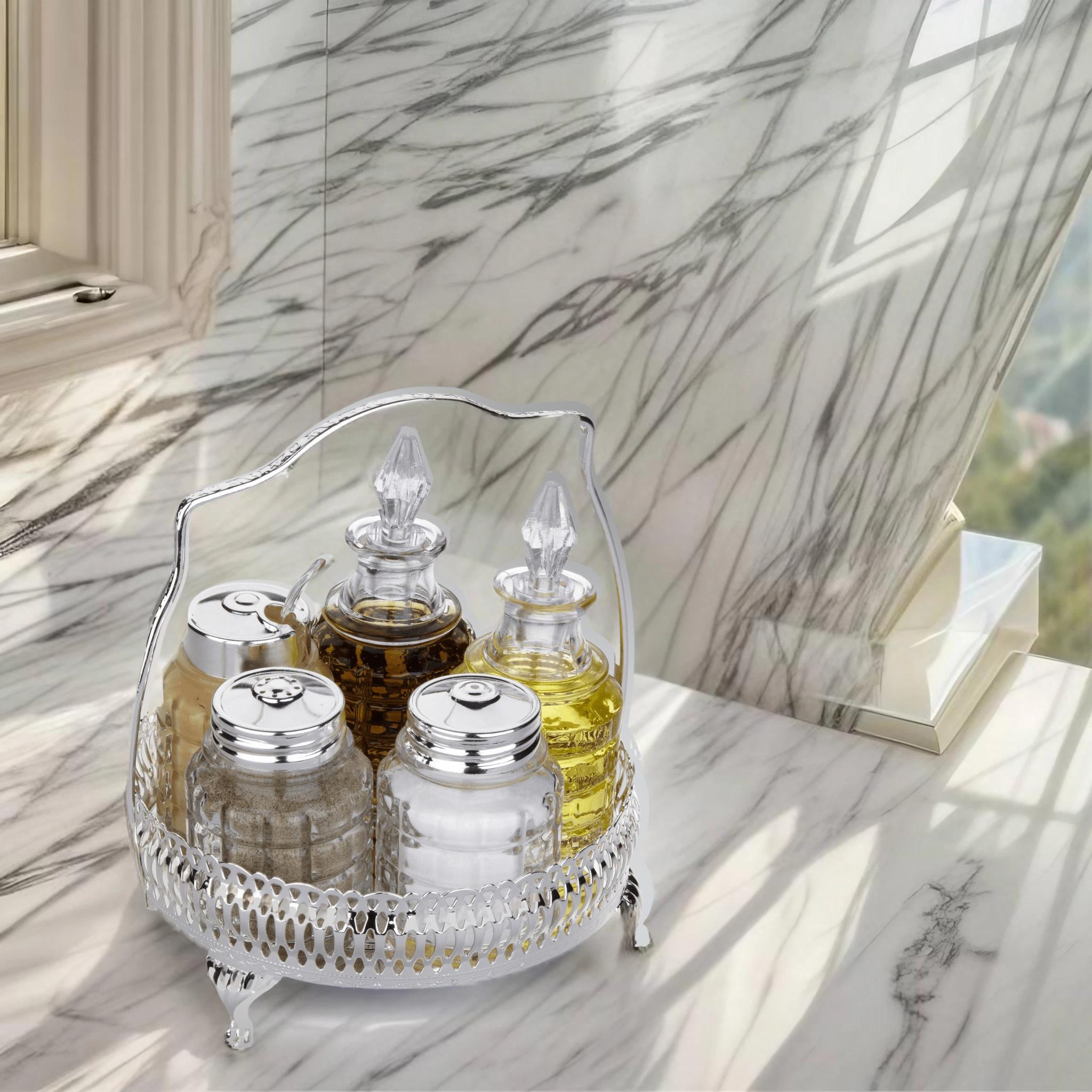 Queen Anne 5 Pce Round Cruet 5 1/2"dia x 6 3/4"h English Silver Plate (Tarnish Resistant). SKU #: 0/4719. Queen Anne 5 Pce Round Cruet 5 1/2"dia x 6 3/4"h English Silver Plate (Tarnish Resistant). SKU #: 0/4719.