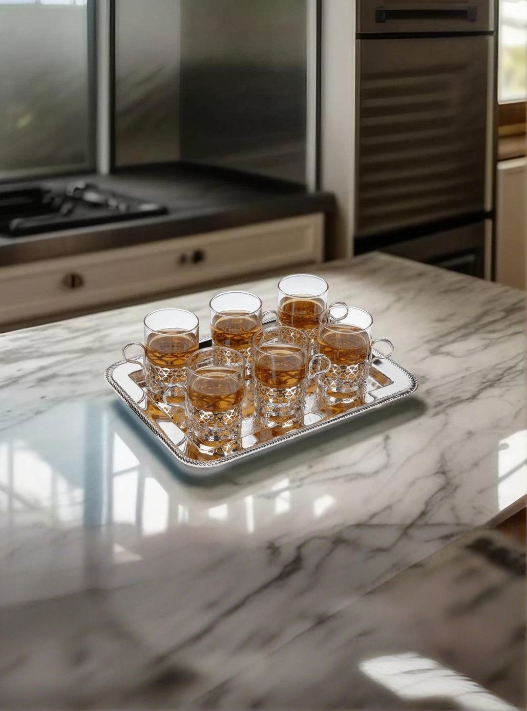Queen Anne 6 Tea Glasses on Tray 3 7/8"h x 9 3/4"w x 13 1/2"l English Silver Plate (Tarnish Resistant). SKU #: 0/6324. Queen Anne 6 Tea Glasses on Tray 3 7/8"h x 9 3/4"w x 13 1/2"l English Silver Plate (Tarnish Resistant). SKU #: 0/6324.