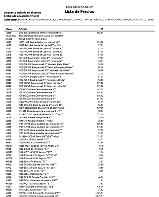 Lista De Precios De Artículos Con Exis En X Almacenes