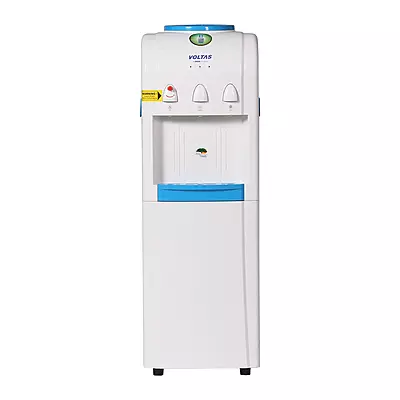 Front view of the Voltas Minimagic Pure R, showcasing its three taps and the sleek cabinet door.