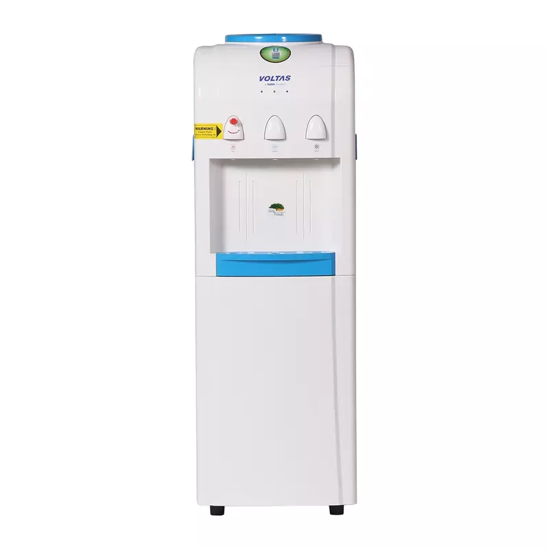 Front view of the Voltas Minimagic Pure R, showcasing its three taps and the sleek cabinet door.