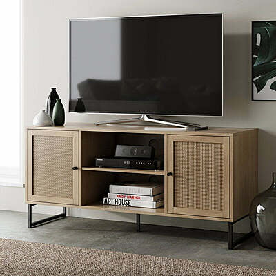 Boho Rattan & Wood TV Console | Mid-Century Modern Media Unit