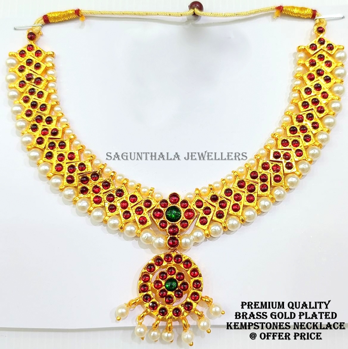 Temple Jewellery - Brass Gold Finish & Full Red Kempstones Necklace - V Pattern