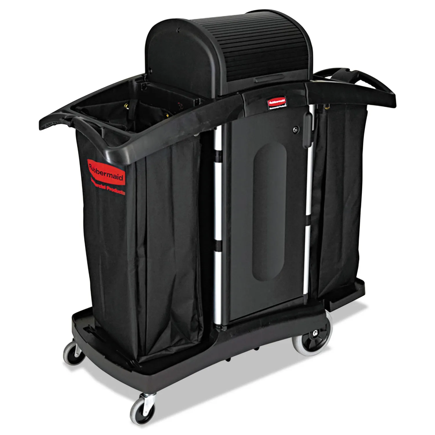 Rubbermaid High-Security Housekeeping Cart, Plastic, 3 Shelves, 2 Bins, 22" x 51.75" x 53.5", Black/Silver