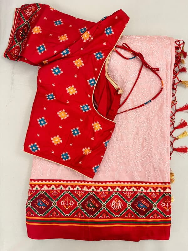 V210: Ready To Ship Designer georgette chikankari patola saree with stitched blouse V210: Ready To Ship Designer georgette chikankari patola saree with stitched blouse