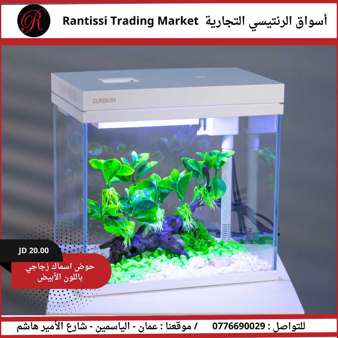 حوض أسماك زجاجي باللون الأبيض