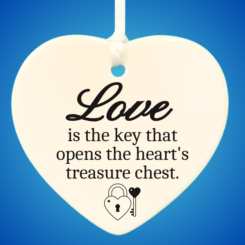 3" Heart Ceramic Ornament – Love Is the Key- Romantic Keepsake Engagement, Wedding, or Anniversary