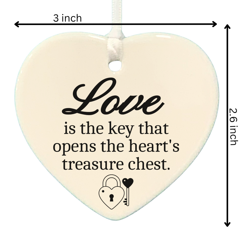 3" Heart Ceramic Ornament – Love Is the Key- Romantic Keepsake Engagement, Wedding, or Anniversary