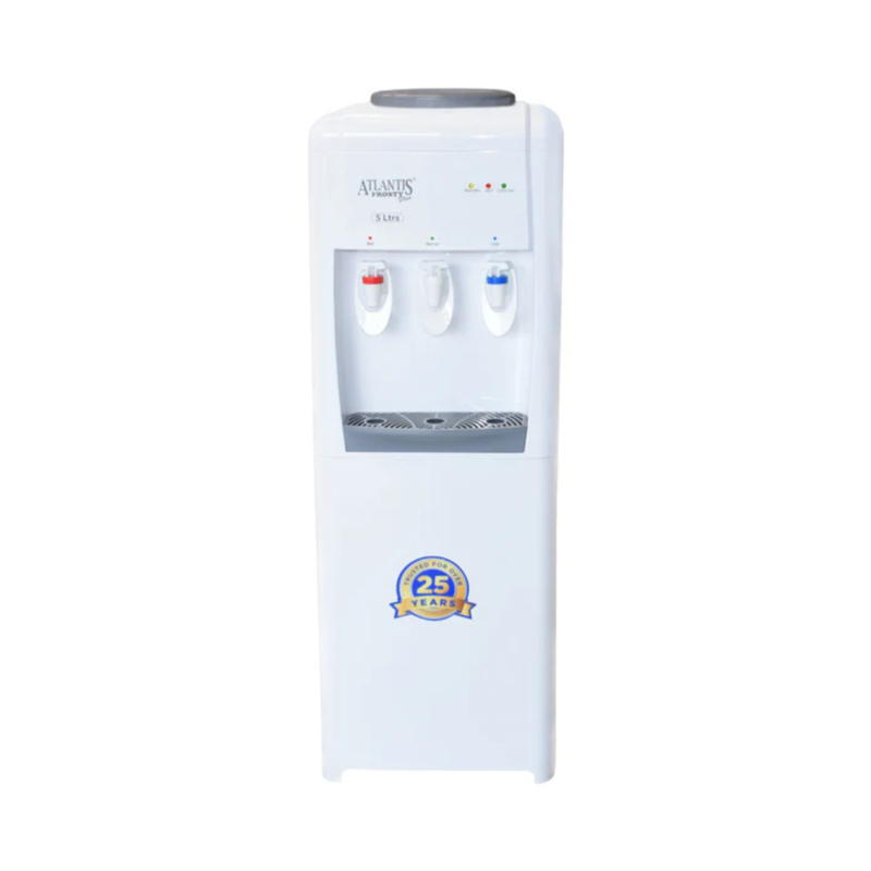 Front look of Atlantis Frosty Plus water dispenser with three taps for hot, cold, and normal water. Front look of Atlantis Frosty Plus water dispenser with three taps for hot, cold, and normal water.