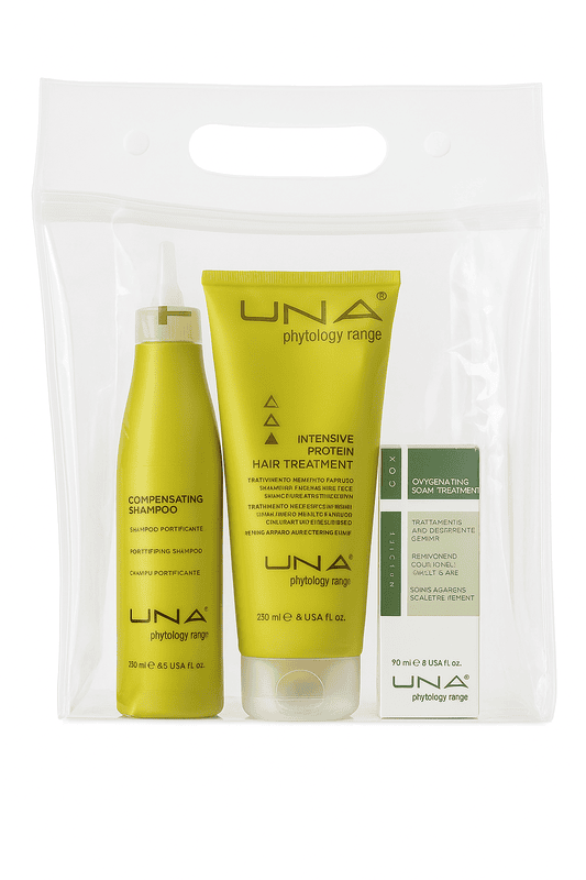 Kit UNA Compensating for hair loss: shampoo, oxygenating scalp drops, and protein mask