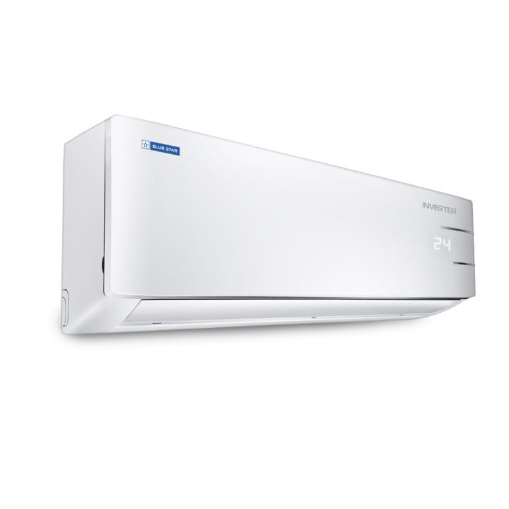 Close-up of the Blue Star Inverter Split AC indoor unit, showcasing its modern design and display.