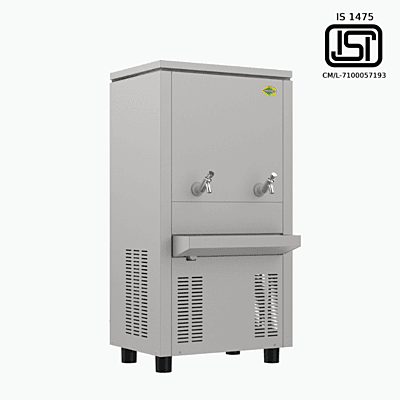 "Western SWC6080 stainless steel storage water cooler, two faucets."