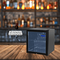 Small glass door refrigerator displaying drinks, Blue Star. Small glass door refrigerator displaying drinks, Blue Star.