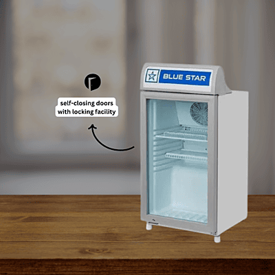 Small glass door refrigerator displaying drinks, Blue Star.