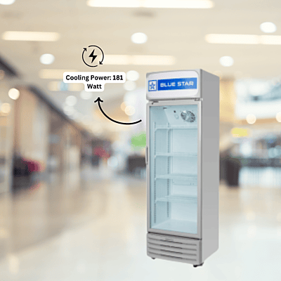 Glass door refrigerator displaying drinks with interior lighting, Blue Star. Glass door refrigerator displaying drinks with interior lighting, Blue Star.