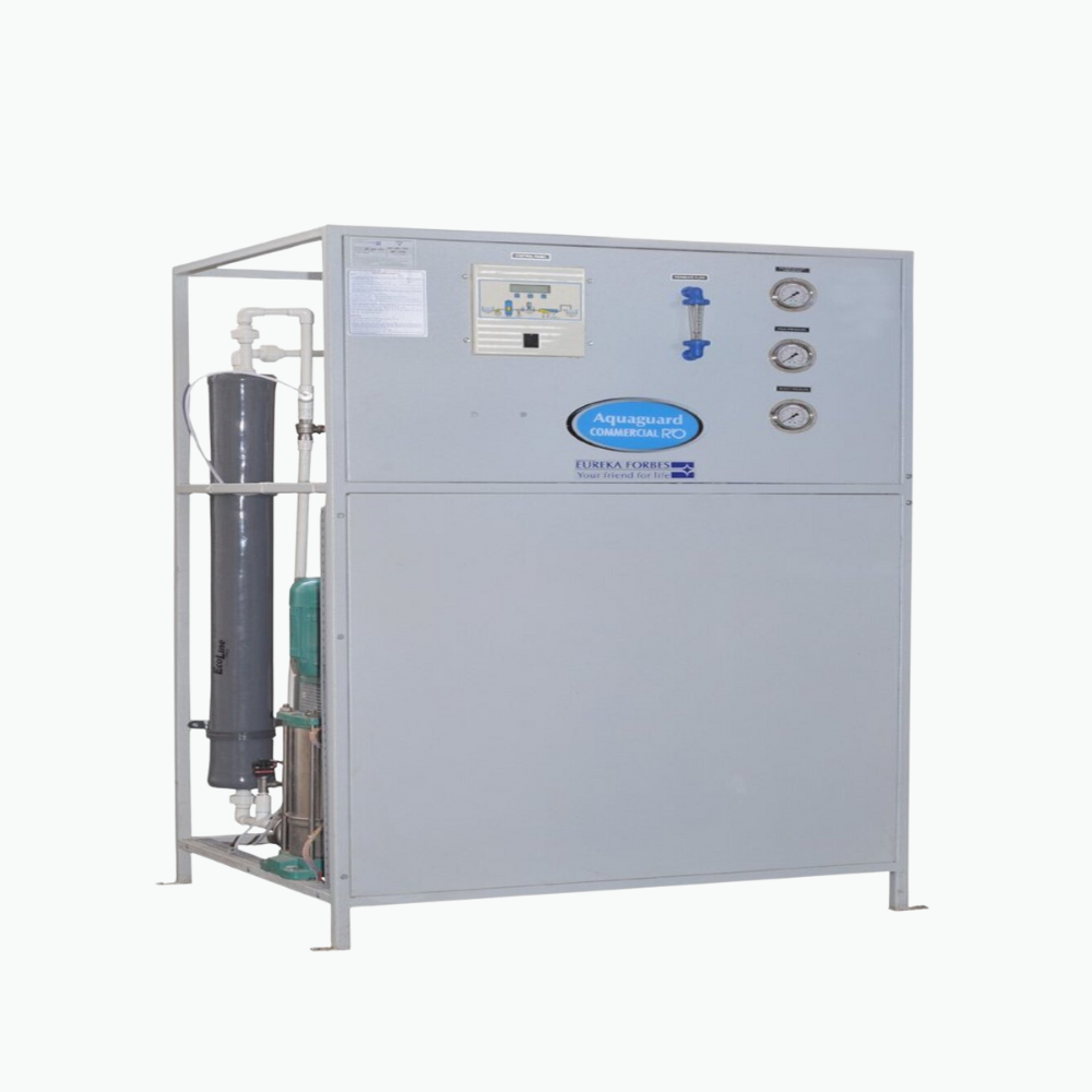 The compact, skid-mounted Aquaguard RO Plant 100 LPH installed in a commercial kitchen.