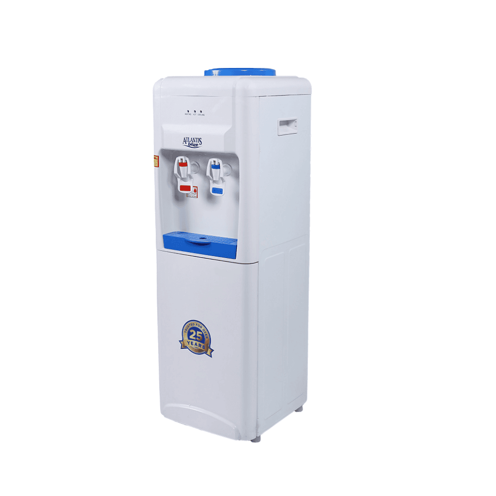 Close-up of an Atlantis Blue water dispenser, showing the hot and cold water spouts. Close-up of an Atlantis Blue water dispenser, showing the hot and cold water spouts.