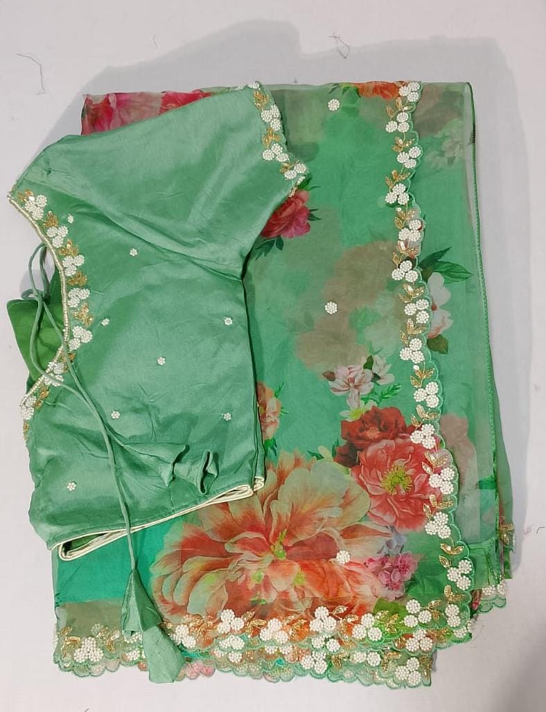 C203: Ready To Ship Beautiful Organaza Saree With Stitched Blouse