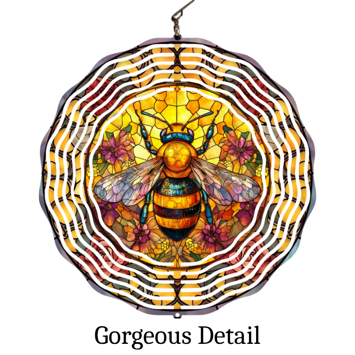 Buzzing Beauty: Stained Glass Bee Wind Spinner with Personalized Chimes Buzzing Beauty: Stained Glass Bee Wind Spinner with Personalized Chimes