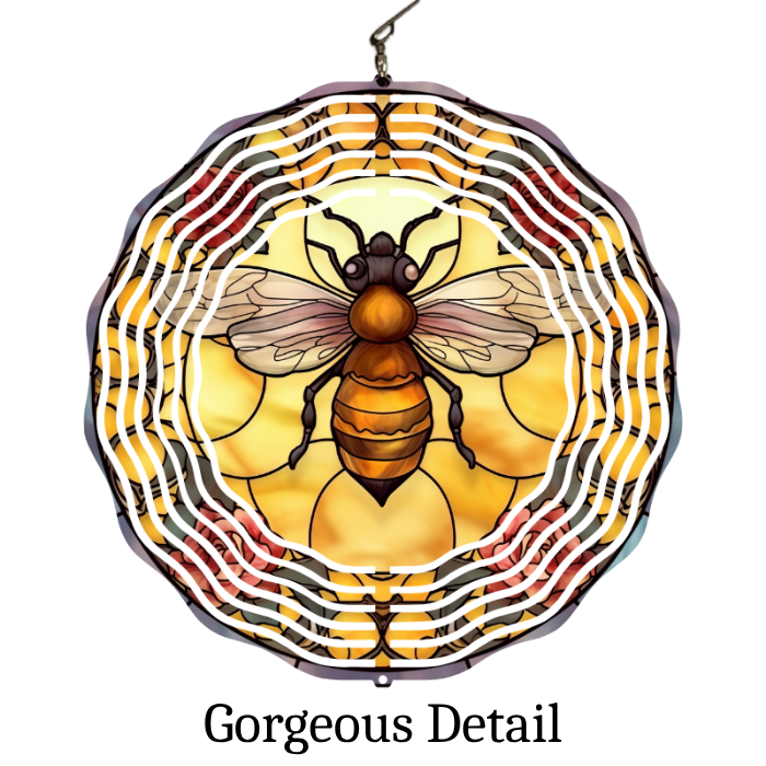 Beautiful Buzz: Stained Glass Bee Wind Spinner with Personalized Chimes Beautiful Buzz: Stained Glass Bee Wind Spinner with Personalized Chimes