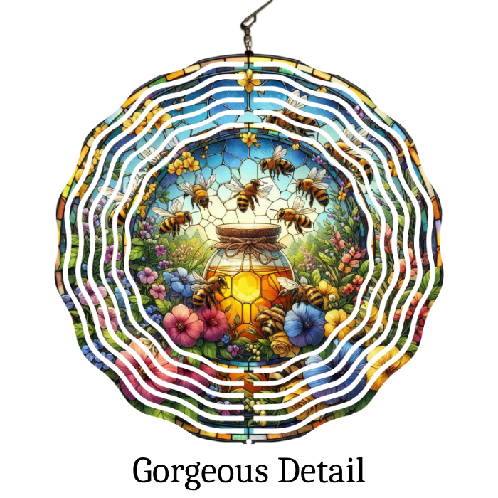 Garden Gold: Stained Glass Honey Jar Wind Spinner with Personalized Chimes Garden Gold: Stained Glass Honey Jar Wind Spinner with Personalized Chimes