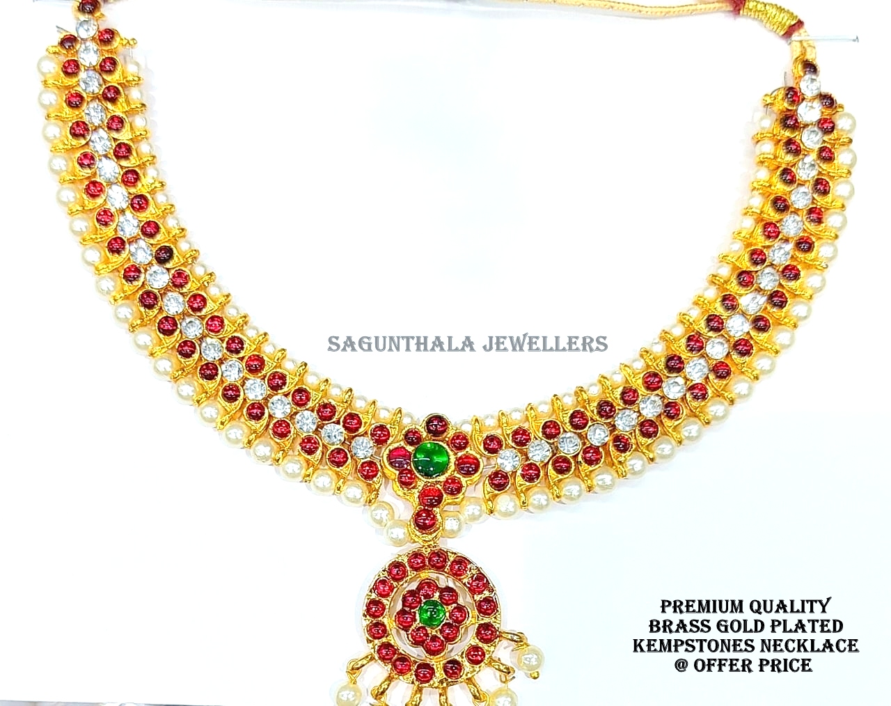 Temple Jewellery Brass Gold Necklace with Kemp Stones – Premium Imitation Bridal & Dance Wear