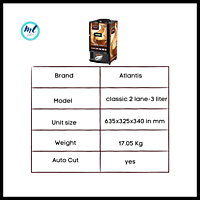 Atlantis Classic 2 lane Tea and Coffee vending machine specification chart