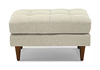 Modern Tufted Cream Ottoman | Beige Fabric Footstool with Tapered Wood Legs Modern Tufted Cream Ottoman | Beige Fabric Footstool with Tapered Wood Legs