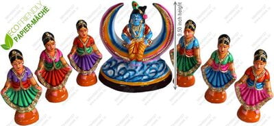 UNIKK Krishna and Gopikas Dancing with Moon Set 24 cm Height of 7 Pieces Made of Paper Mache UNIKK Krishna and Gopikas Dancing with Moon Set 24 cm Height of 7 Pieces Made of Paper Mache