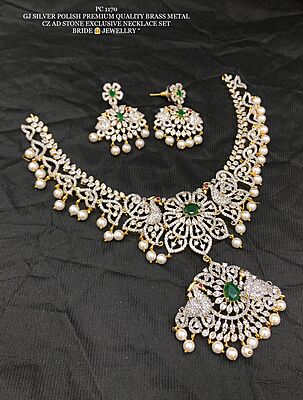 F10:Beautiful GJ Silver Polish Premium  Quality Brass Metal CZ AD Stone Necklace Set