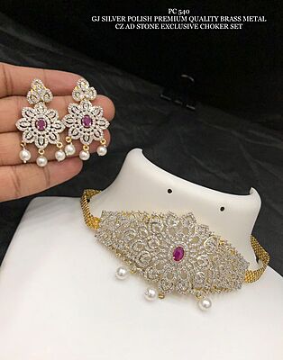 F11: Beautiful GJ Silver Polish Premium Quality Brass Metal CZ AD Stone Choker Set